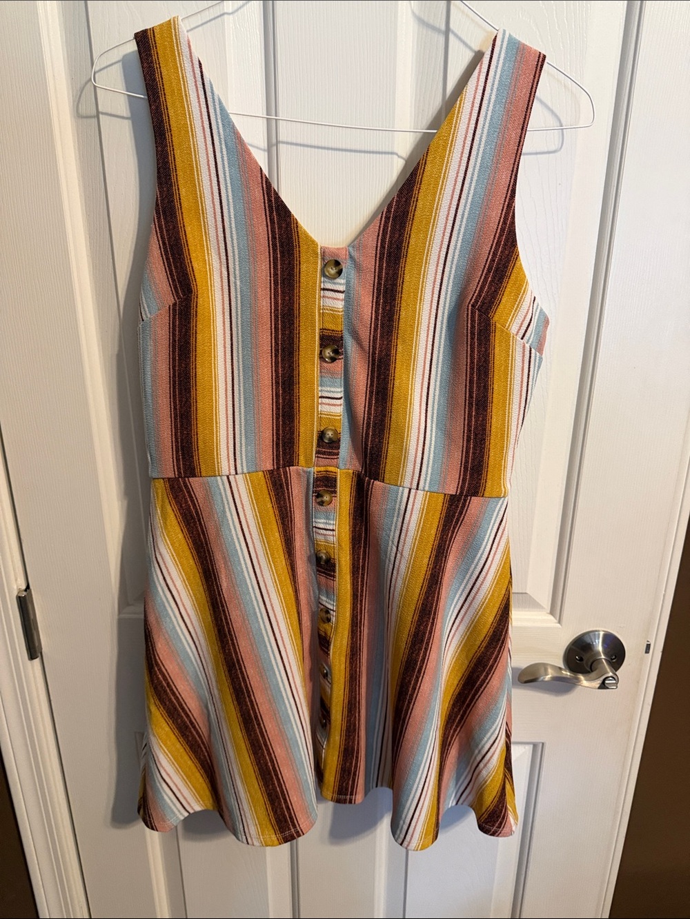 Iz Byer Multistripe Button-Front Mini Dress in Mustard, Pink & Light Blue